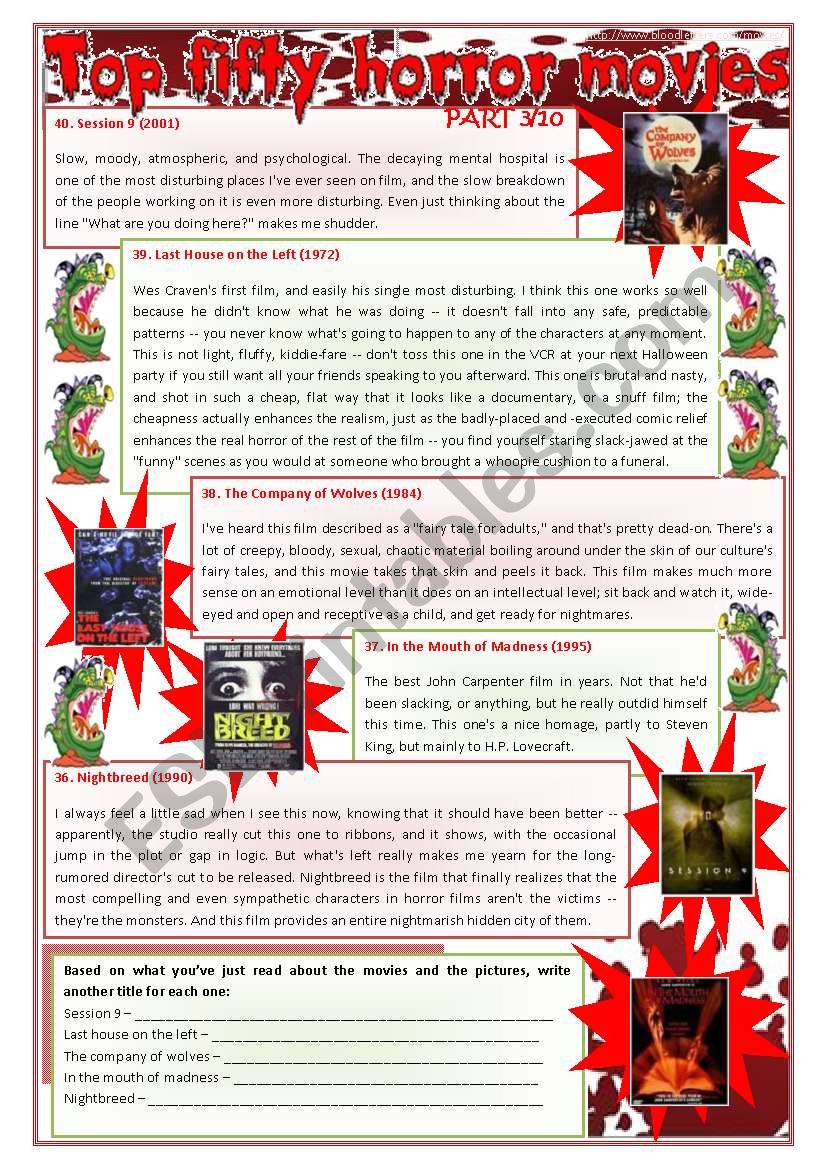 Top fifty horror movies (part 3/10) - writing, comprehension and zero conditional [3 pages] ***fully editable